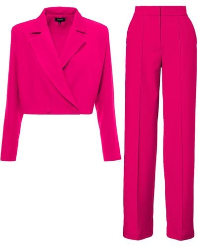 BLUZAT Fuchsia Suit With Cropped Blazer And Stripe Detail Pants - Pink