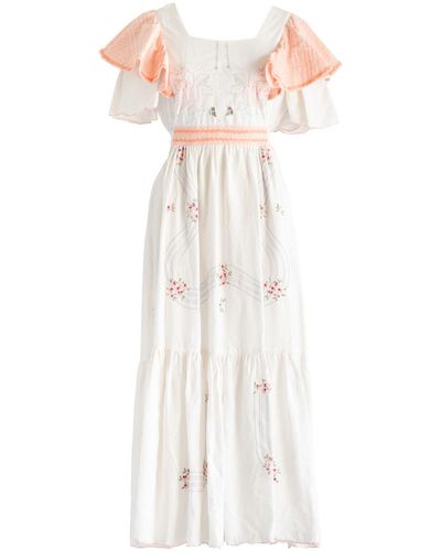 Sugar Cream Vintage Re-design Upcycled Lace Detailed Peach Floral Embroidery Maxi Dress - White