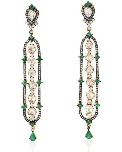 Artisan A Pair Of 18k Solid Gold & Silver In Uncut Diamond With Emerald Dangle Earrings - Metallic