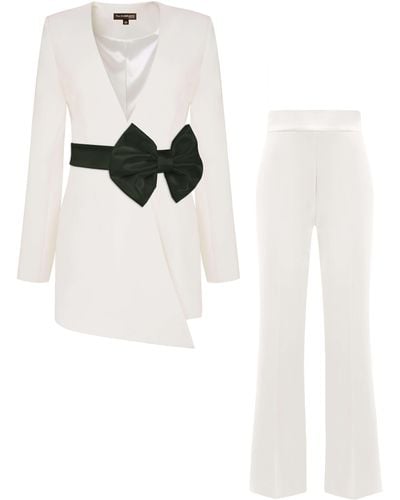 Tia Dorraine Rare Pearl Power Suit With Detachable Black Bow Belt - White