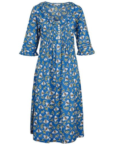At Last Cotton Karen 3/4 Sleeve Day Dress In Royal Busy Bee - Blue