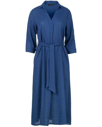 Conquista Linen Style Midi Dress With Belt - Blue