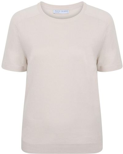 Paul James Knitwear Neutrals S Ultra Fine Cotton Cassie Saddle Shoulder Knitted T-shirt - White