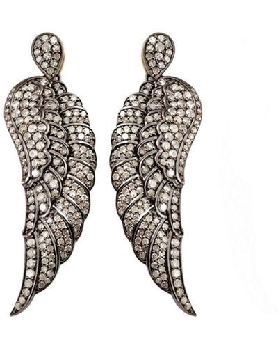 Artisan White Diamond Feather Dangle Earrings 18k Gold Silver Handmade Jewelry - Black