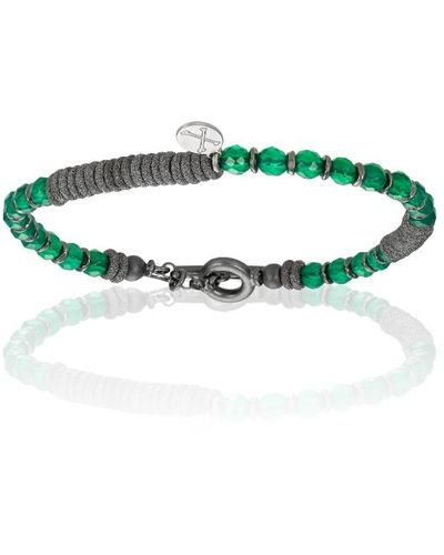 Double Bone Bracelets Agate Stone Beaded Bracelet With Black Pvd Beads - Green