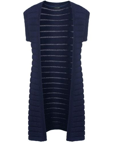 Conquista Sleeveless Mid-length Jacquard Stripe Knit Open Cardigan - Blue