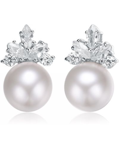 Genevive Jewelry Cubic Zirconia Sterling Silver White Gold Plated Pearl Marquise Earrings