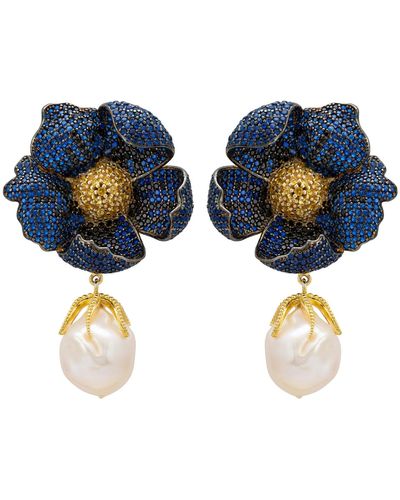 LÁTELITA London Poppy Flower Baroque Pearl Earrings Sapphire Blue Gold