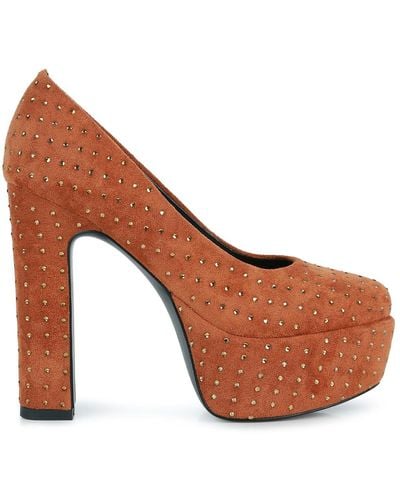 Rag & Co Poppins Tan Diamante Platform Heel Block Court Shoes - Brown