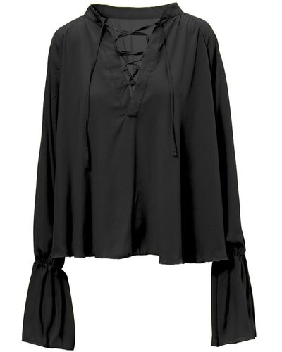BLUZAT Shirt With String Neckline - Black