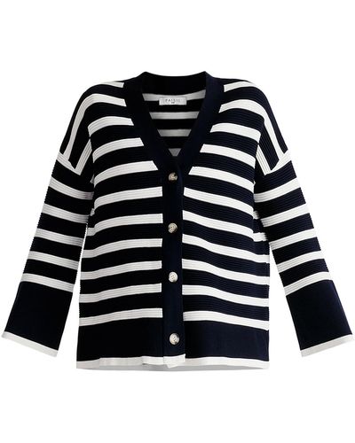 Paisie Striped Ribbed Cardigan In Navy & White - Black