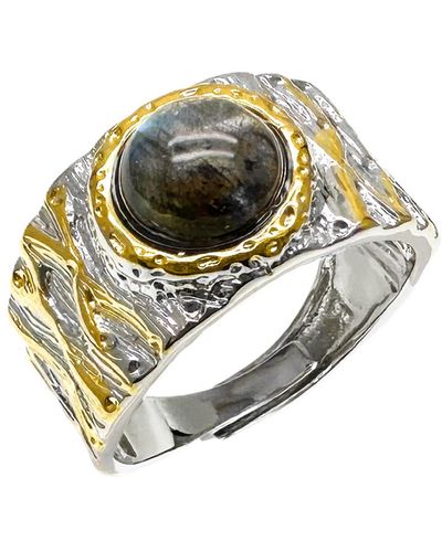 Farra Obsidian Stone Platinum Plated Brass Adjustable Ring - Metallic