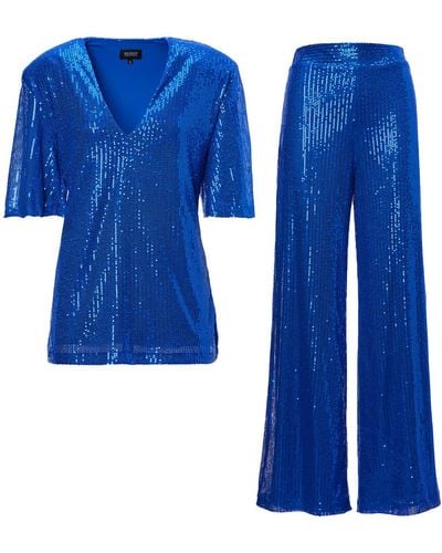 BLUZAT Electric Sequin Matching Set With Blouse And Wide Leg Pants - Blue