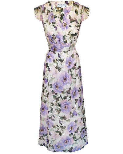 Haris Cotton Printed Voile Cotton Maxi Dress With Ruffled Sleeves And V Neck - Purple