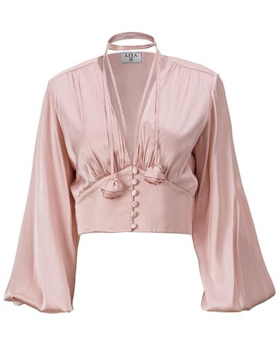Lita Couture Ample-sleeve Satin Top In Pink