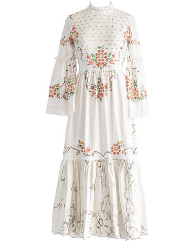 Sugar Cream Vintage Re-design Upcycled Blossom Ruffle Neck Maxi Dress - White