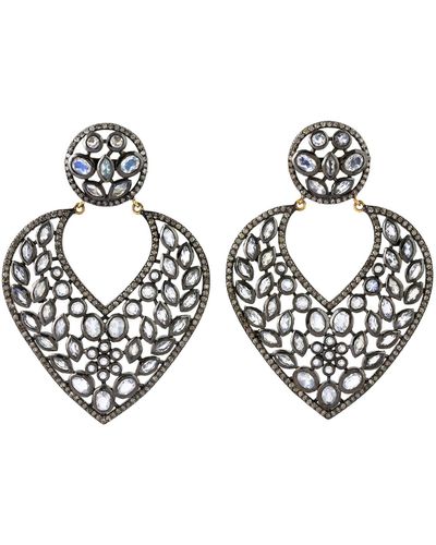 Artisan Heart Shaped Dangle Earrings 14k Gold Moonstone Diamond 925 Sterling Silver Jewelry - Metallic