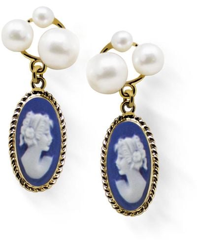 Vintouch Italy Lilith Gold-plated Blue Cameo And Pearl Stud Earrings