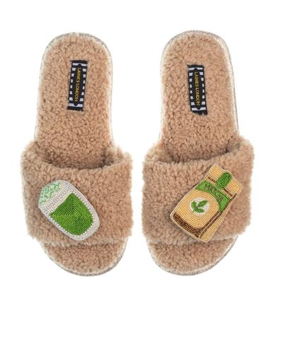 Laines London Neutrals Teddy Toweling Slipper Sliders With Matcha Tea Brooches - Green