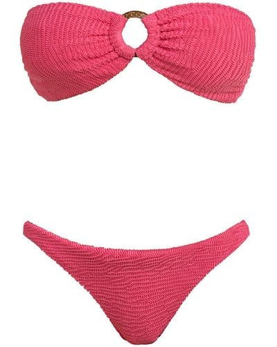 Cliché Reborn Leyla Pink Crinkle Bandeau Bikini Set With Ring Front - Red