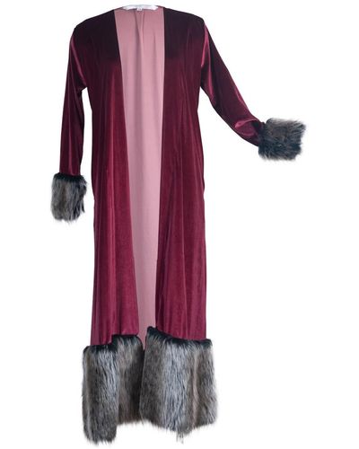 Jennafer Grace Burgundy Velvet Faux Fur Cuff Coat - Red