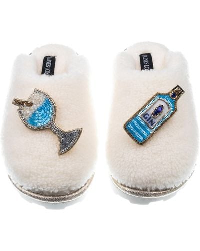 Laines London Teddy Closed Toe Slippers With Sapphire Gin Brooches - Blue