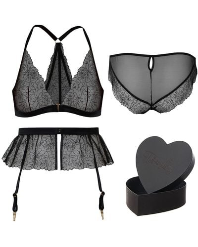 Tallulah Love Midnight Rose Gift Set: Bralette, Ouvert, Suspender & Heart Box - Black