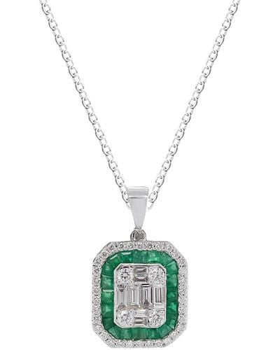 Artisan Natural Emerald & Baguette Diamond 18k White Gold Octagon Pendant - Metallic