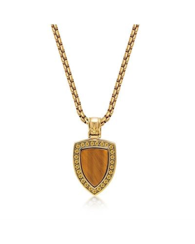 Nialaya Gold Necklace With Brown Tiger Eye Shield Pendant - Metallic