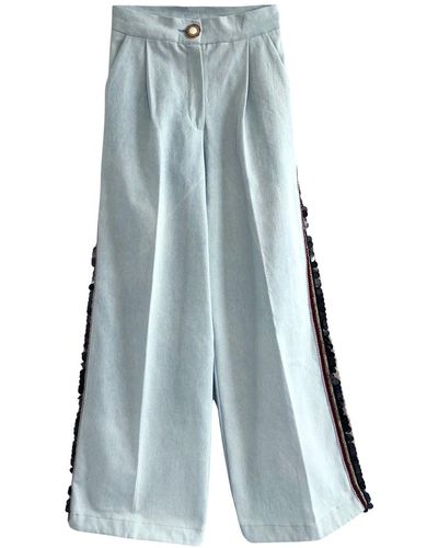 L2R THE LABEL Embellished Wide-leg Pants In Washed Denim - Blue