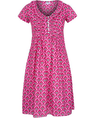 At Last Cotton Karen Short Sleeve Day Dress In Pink & Green Moroccan