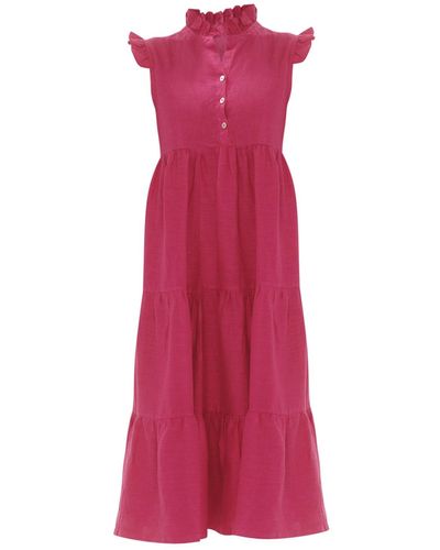 Haris Cotton Maxi Linen Dress With Ruffles And Frills Fuchsia - Pink