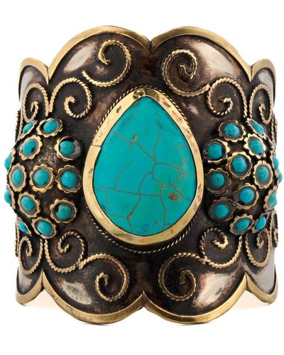 Ebru Jewelry Majestic Turquoise Gemstone & Vintage Silver Chunky Adjustable Bracelet - Green
