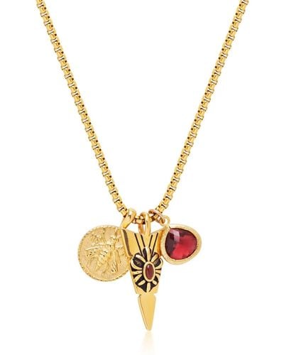 Nialaya Golden Talisman Necklace With Arrowhead, Red Ruby Cz Drop And Bee Pendant - Metallic