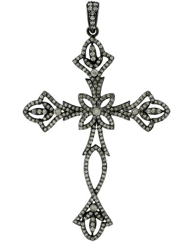 Artisan Natural Diamond Pave Designer Mythological Cross Pendant 925 Sterling Silver Jewelry - Metallic