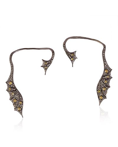 Artisan Bat Wing Style Cuff Earrings Pave Diamond 18k Gold 925 Sterling Silver Jewelry - White
