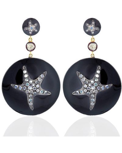 Artisan Moonstone Diamond 925 Sterling Silver 18k Gold Star Fish Dangle Earrings Jewelry - Blue