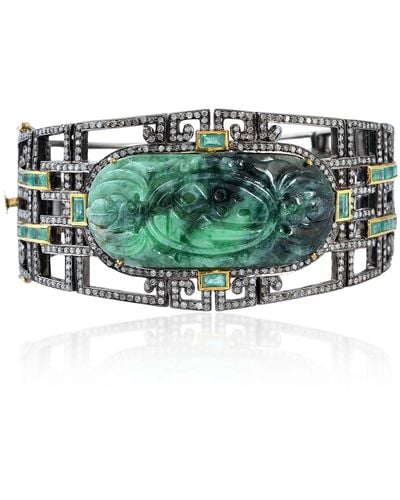 Artisan Carved Jade & Emerald Pave Diamond In 18k Gold With 925 Silver Antique Bangle - Green