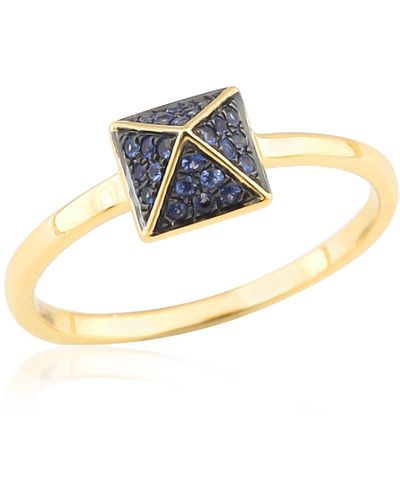 Artisan 18k Solid Gold With Micro Pave Blue Sapphire Gemstone Pyramid Shape Ring - Metallic