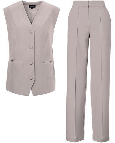 BLUZAT Beige Suit With Oversized Vest And Stripe Detail Pants - Gray