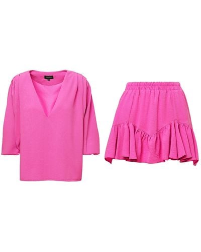 BLUZAT Neon Pink Matching Set With Draped Blouse And Skort