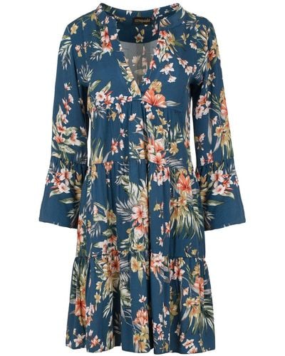 Conquista Floral A Line Dress With Bell Sleeves - Blue