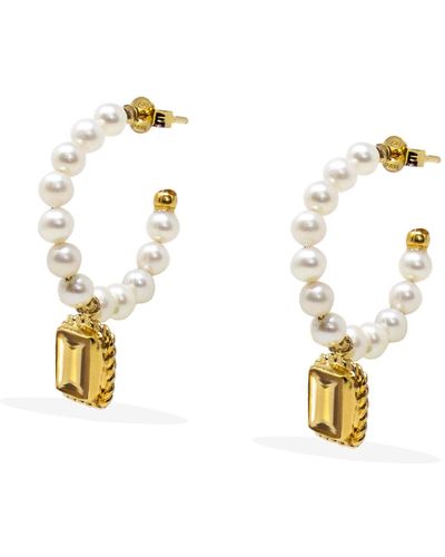 Vintouch Italy Luccichio Citrine And Pearl Hoop Earrings - Metallic