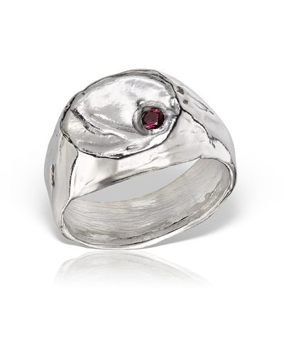 Madeleine Valentina Silver Signet Ring With Red Zirconia - Metallic