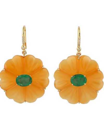 Artisan 18k Gold Emerald Onyx Flower Dangle Earrings Diamond Jewelry - Yellow