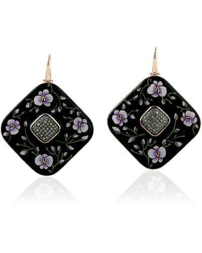 Artisan Sterling Silver Flower Picture Enamel Dangle Earrings Jewelry - Black