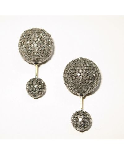 Artisan Pave Diamond Bead Ball Diamond Double Side Tunnel Earrings In 18k Gold & Silver - Metallic