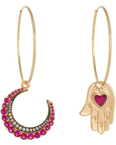 Patroula Jewellery Large Pink Moon And Hamsa Hand Hoop Earrings - Metallic