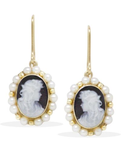 Vintouch Italy Cecilia Solid Gold Black Cameo And Pearl Earrings - Blue