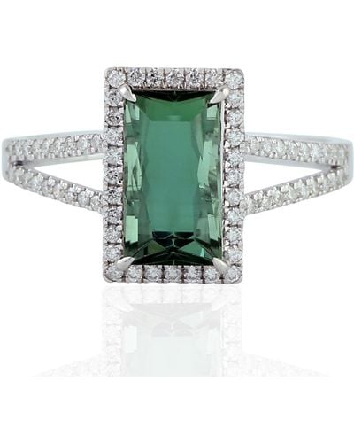 Artisan 18k Solid White Gold In Baguette Green Tourmaline & Pave Diamond Cocktail Ring
